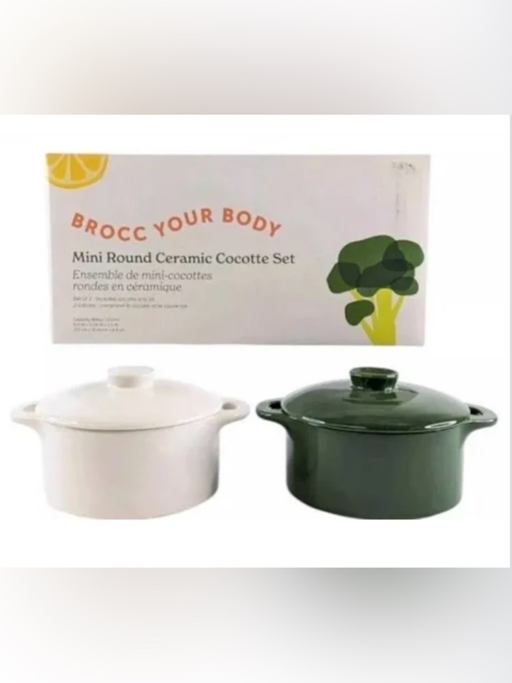 BROCC YOUR BODY - Set of two Mini (small) Round Ceramic Cocotte Set - NEW IN BOX